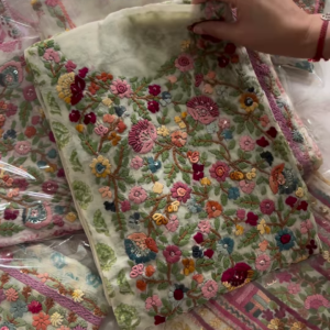 Handcrafted French Knot Floral Embroidery on Printed Chiffon