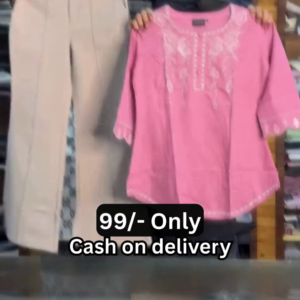 Pink Cotton Tunic with White Chikankari-Style Embroidery