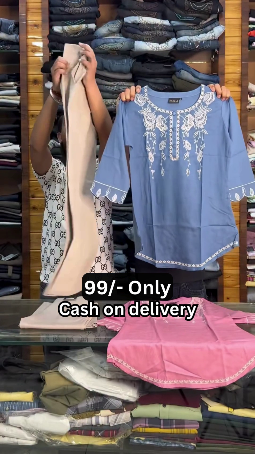 Pink Cotton Tunic with White Chikankari-Style Embroidery - Image 2