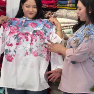 White Cotton Tunic with Vibrant Pink Rose Print