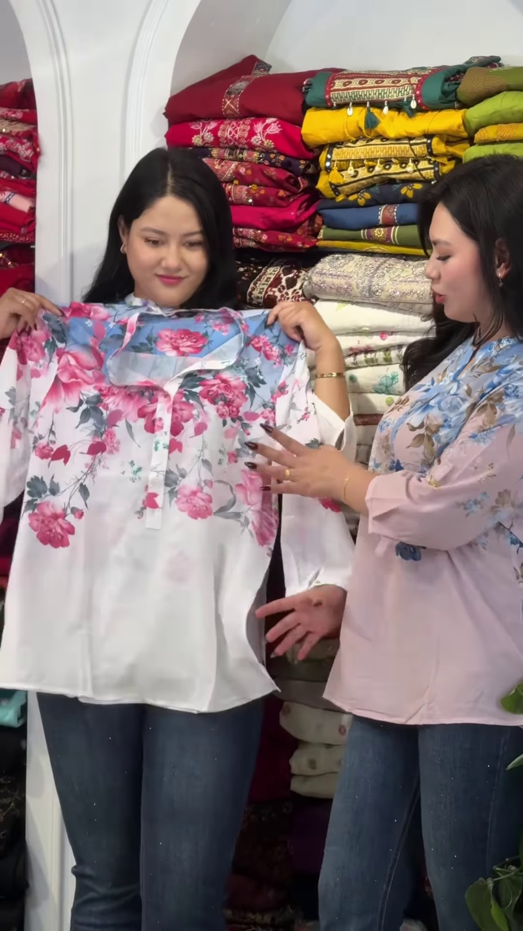 White Cotton Tunic with Vibrant Pink Rose Print