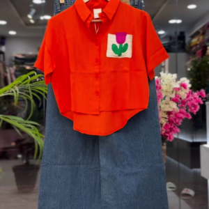 Bright Orange Crop Shirt with Floral Patchwork and Denim Skirt