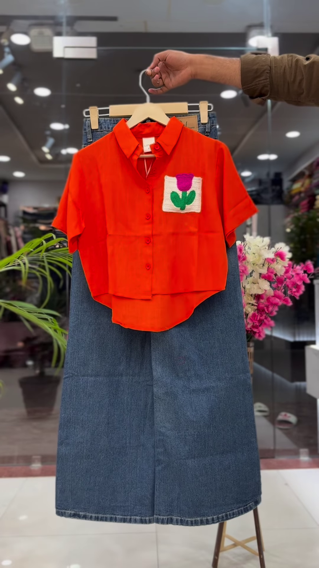 Bright Orange Crop Shirt with Floral Patchwork and Denim Skirt