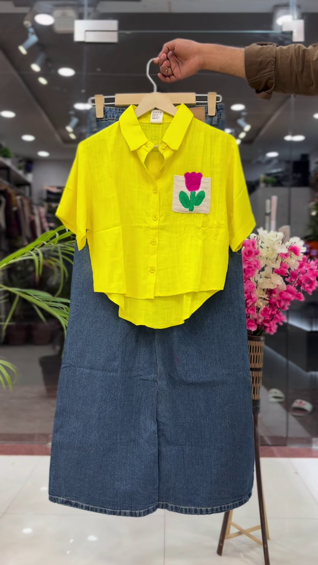 Bright Orange Crop Shirt with Floral Patchwork and Denim Skirt - Image 3