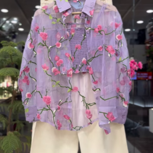 Sheer Pink Floral Embroidered Shirt with White Wide-Leg Trousers