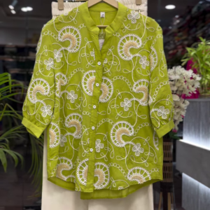 Lime Green Cotton Tunic with White Geometric Eyelet Embroidery