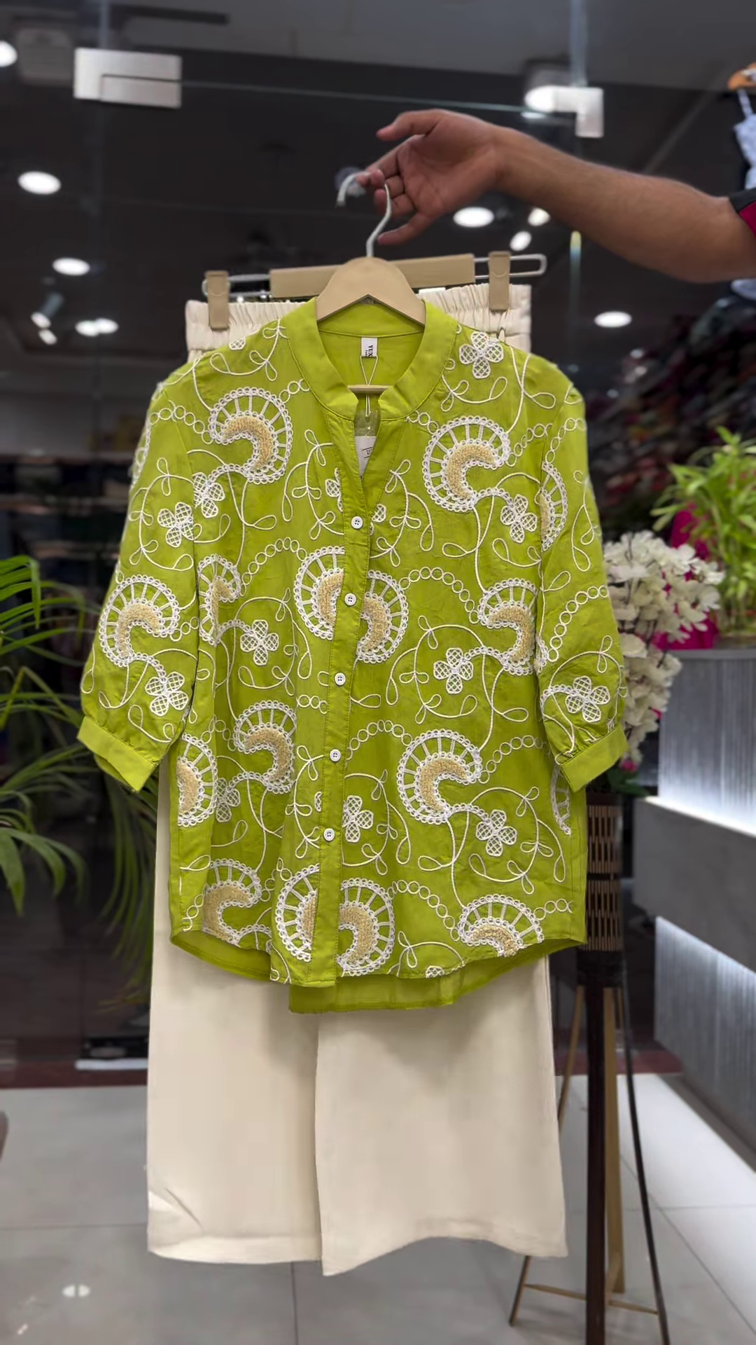 Lime Green Cotton Tunic with White Geometric Eyelet Embroidery