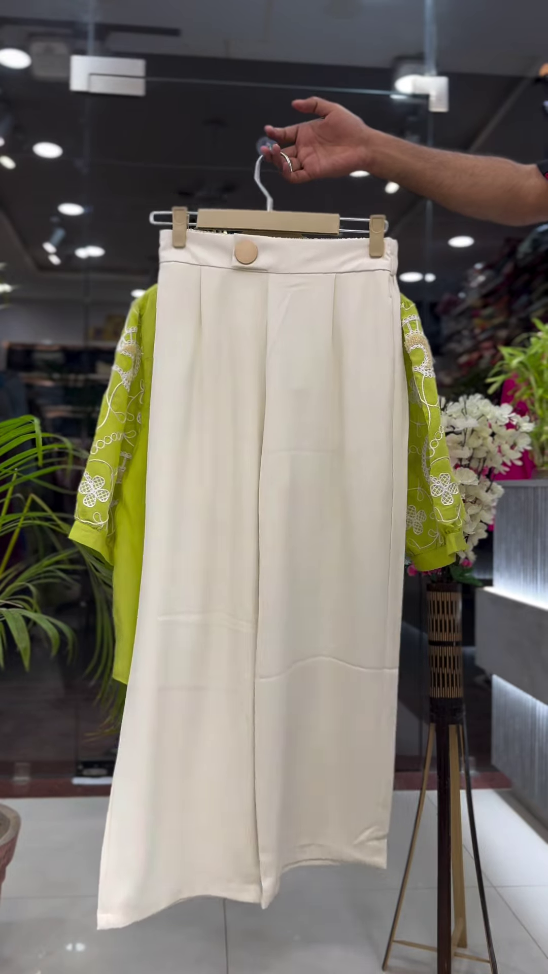 Lime Green Cotton Tunic with White Geometric Eyelet Embroidery - Image 2