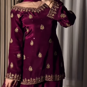 Wine Purple Silk Suit with Golden Butti and Border Work