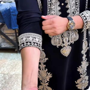 Men’s Black Modern Pathani Suit with Golden Butterfly Embroidery