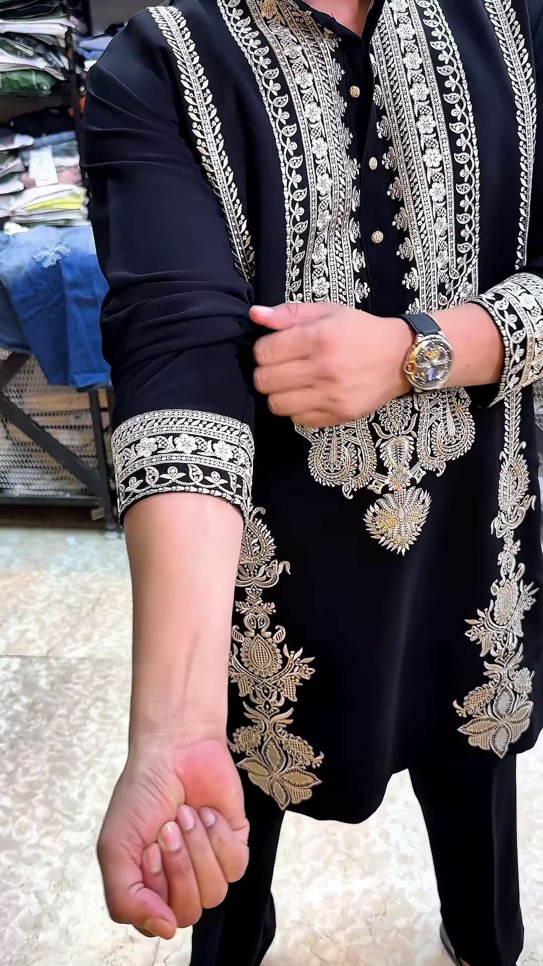 Men’s Black Modern Pathani Suit with Golden Butterfly Embroidery