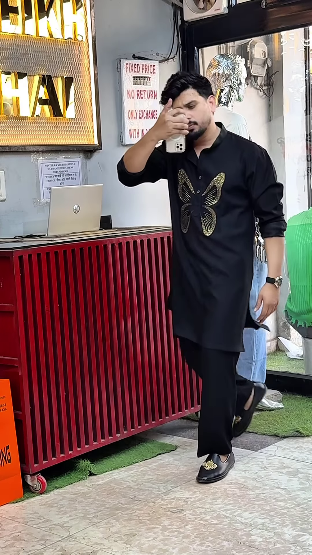 Men’s Black Modern Pathani Suit with Golden Butterfly Embroidery - Image 2
