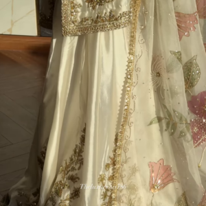 Ivory Satin Ethnic Set with Pastel Floral Zari Embroidery