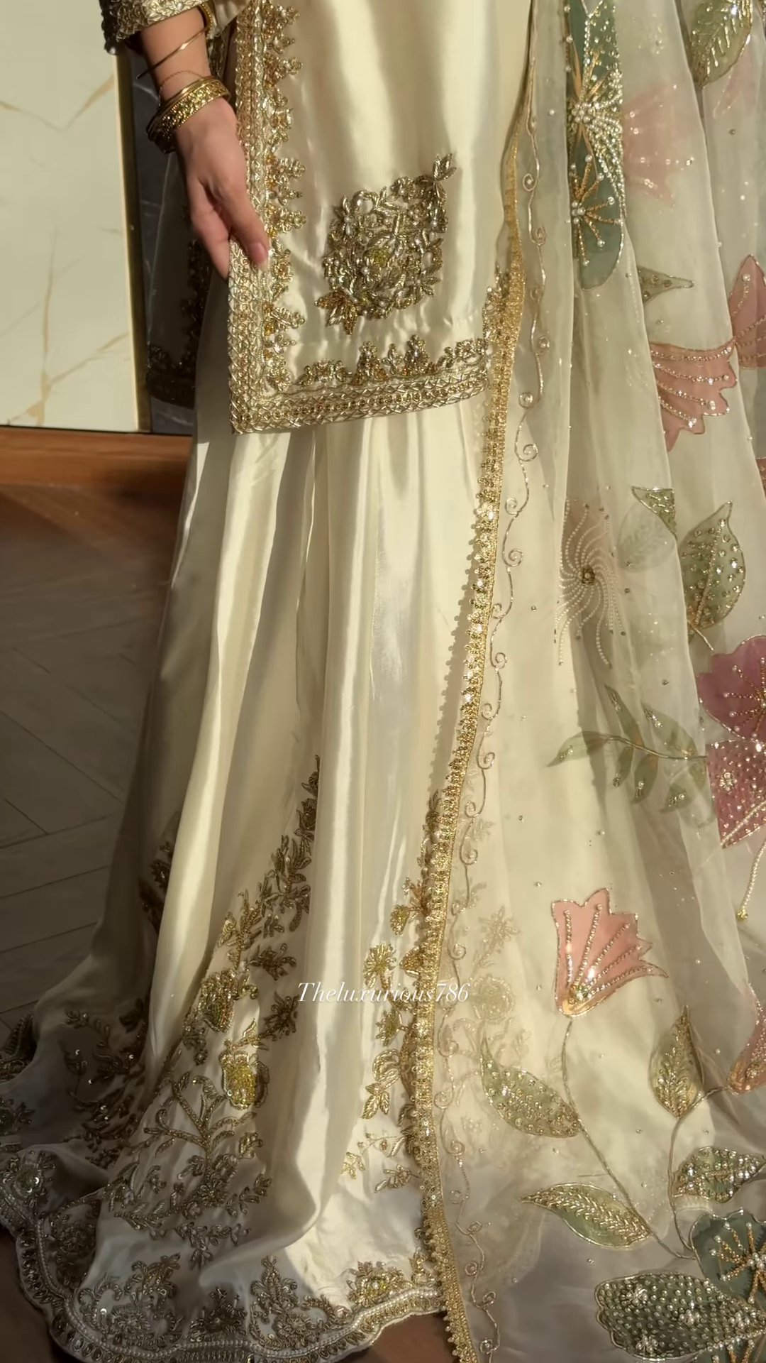 Ivory Satin Ethnic Set with Pastel Floral Zari Embroidery