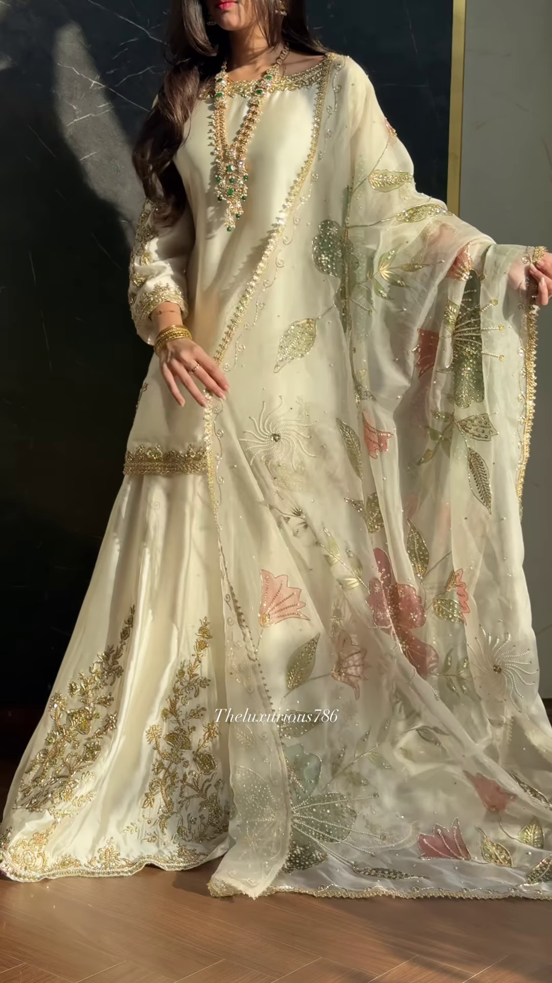 Ivory Satin Ethnic Set with Pastel Floral Zari Embroidery - Image 3