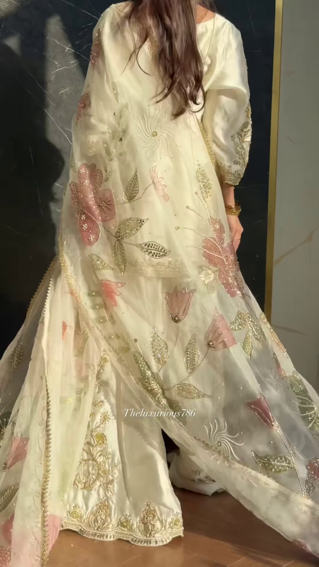 Ivory Satin Ethnic Set with Pastel Floral Zari Embroidery - Image 2