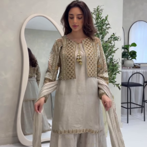 Sage Grey Ethnic Suit with Heavily Embroidered Golden Jacket