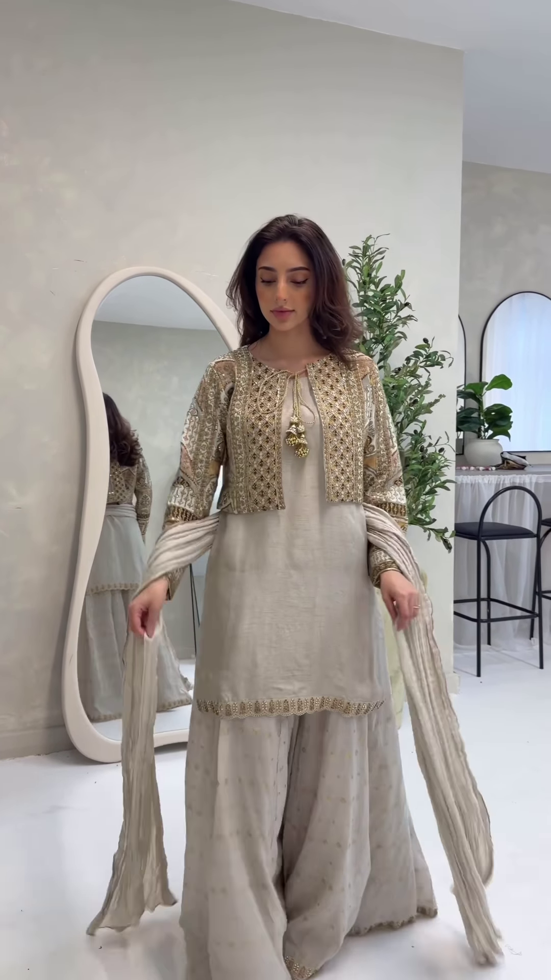 Sage Grey Ethnic Suit with Heavily Embroidered Golden Jacket