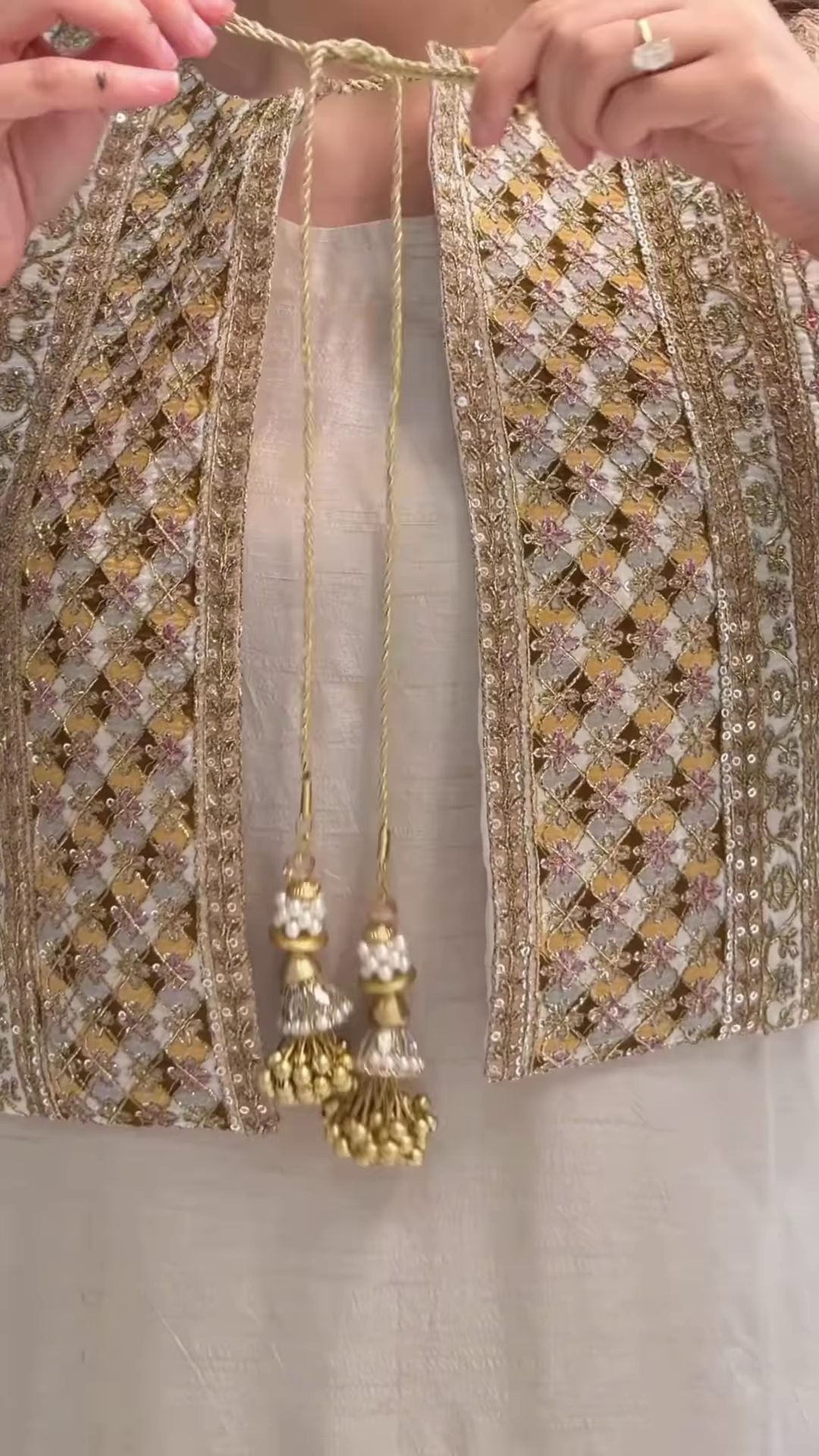 Sage Grey Ethnic Suit with Heavily Embroidered Golden Jacket - Image 3