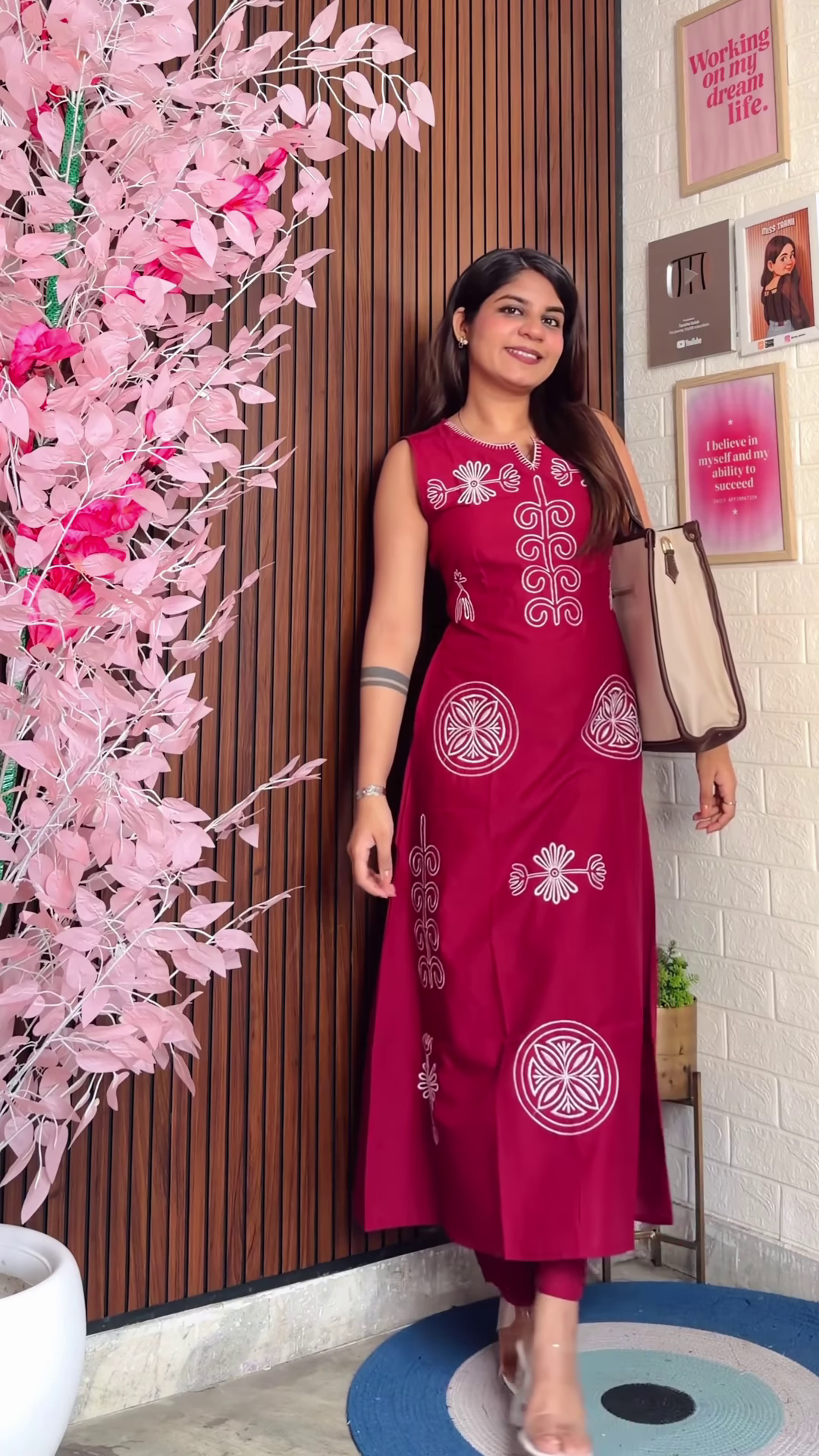 Chocolate Brown Tunic Set with Cream Bow Embroidery