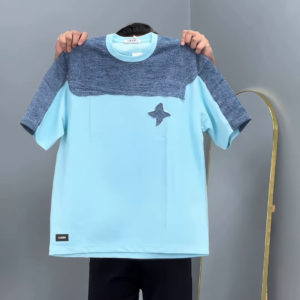 Men’s White and Blue Color-Block T-Shirt with Star Detail