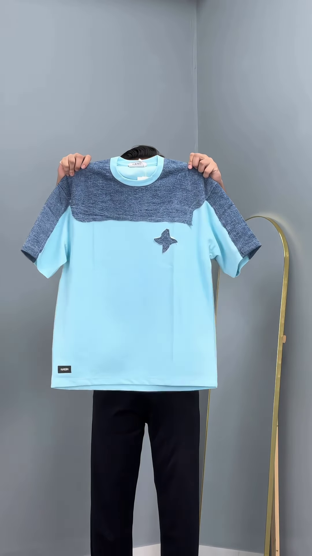 Men’s White and Blue Color-Block T-Shirt with Star Detail