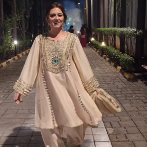 Ivory Flare Anarkali with Heavy Mirror and Sequin Work
