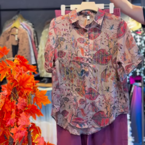Autumn-Print Tunic with Cascading Golden Bead Chains