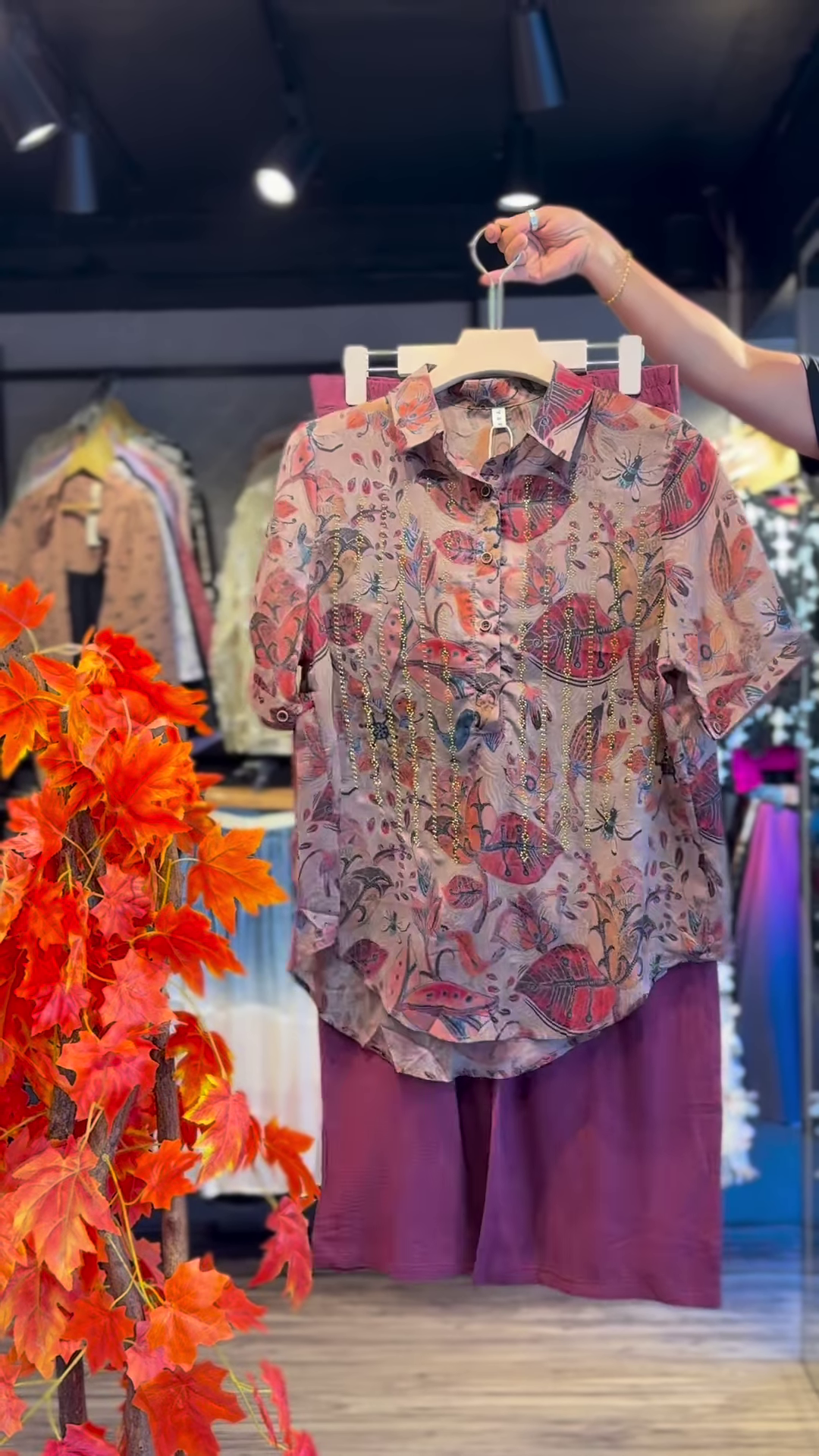 Autumn-Print Tunic with Cascading Golden Bead Chains