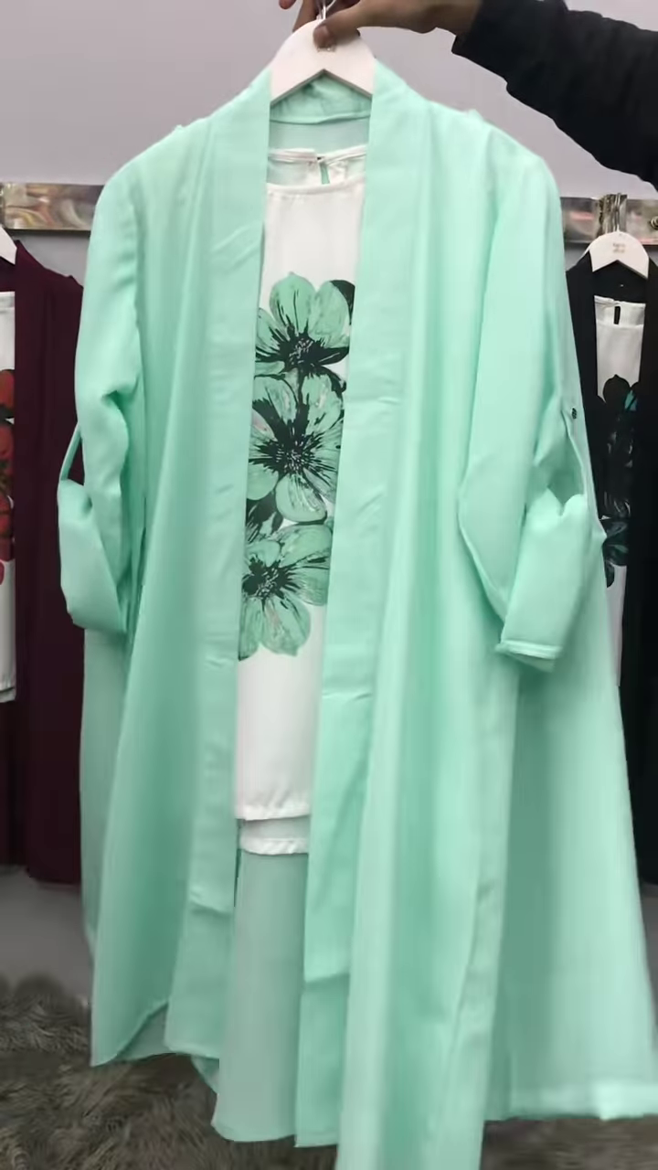 Mint Green Three-Piece Layered Set with Floral Cami