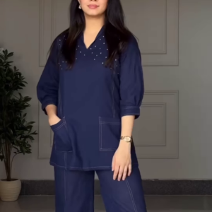 Chic Black Cotton Co-ord Set with Contrast Stitching and Pearl Accents