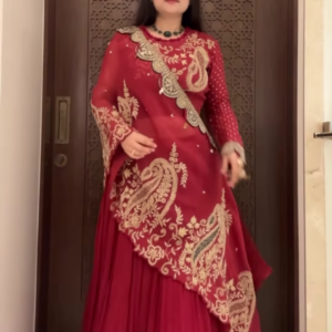 Radiant Maroon Georgette Anarkali with Heavy Golden Paisley Embroidery