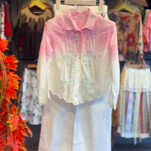 Pink and White Ombre Embroidered Shirt with Scalloped Hem