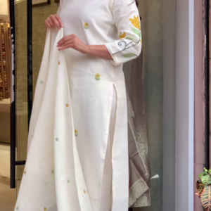 Ivory Silk Suit with Subtle Yellow Floral Embroidery