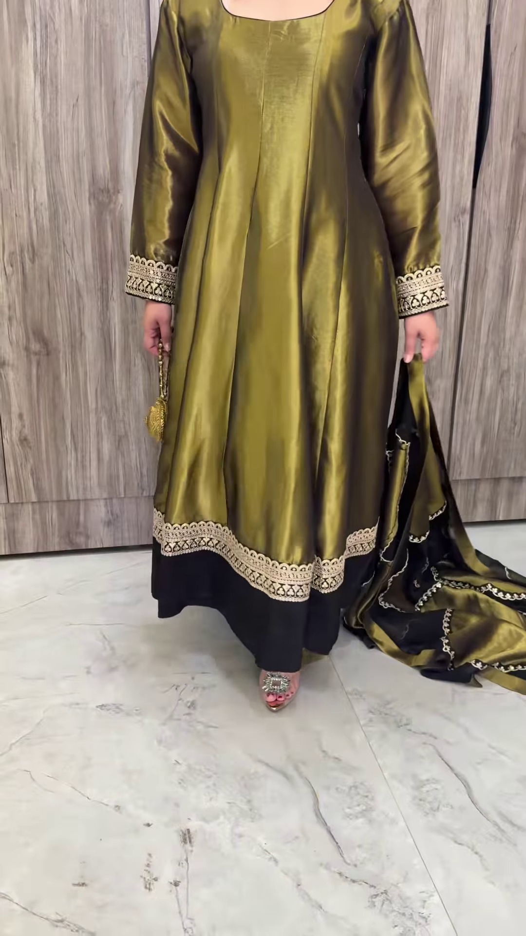 Olive Green Silk Gharara Set with Black Scalloped Dupatta - Image 4