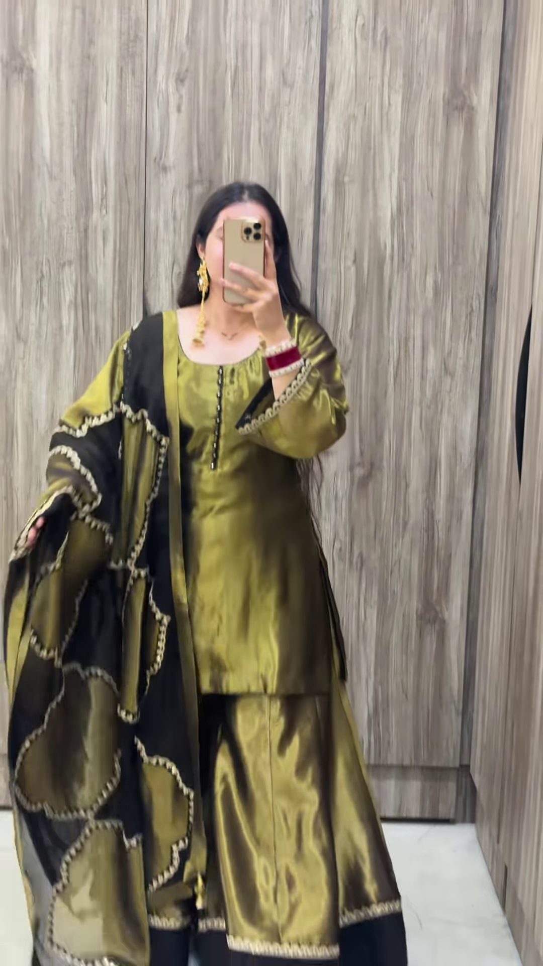 Olive Green Silk Gharara Set with Black Scalloped Dupatta - Image 3