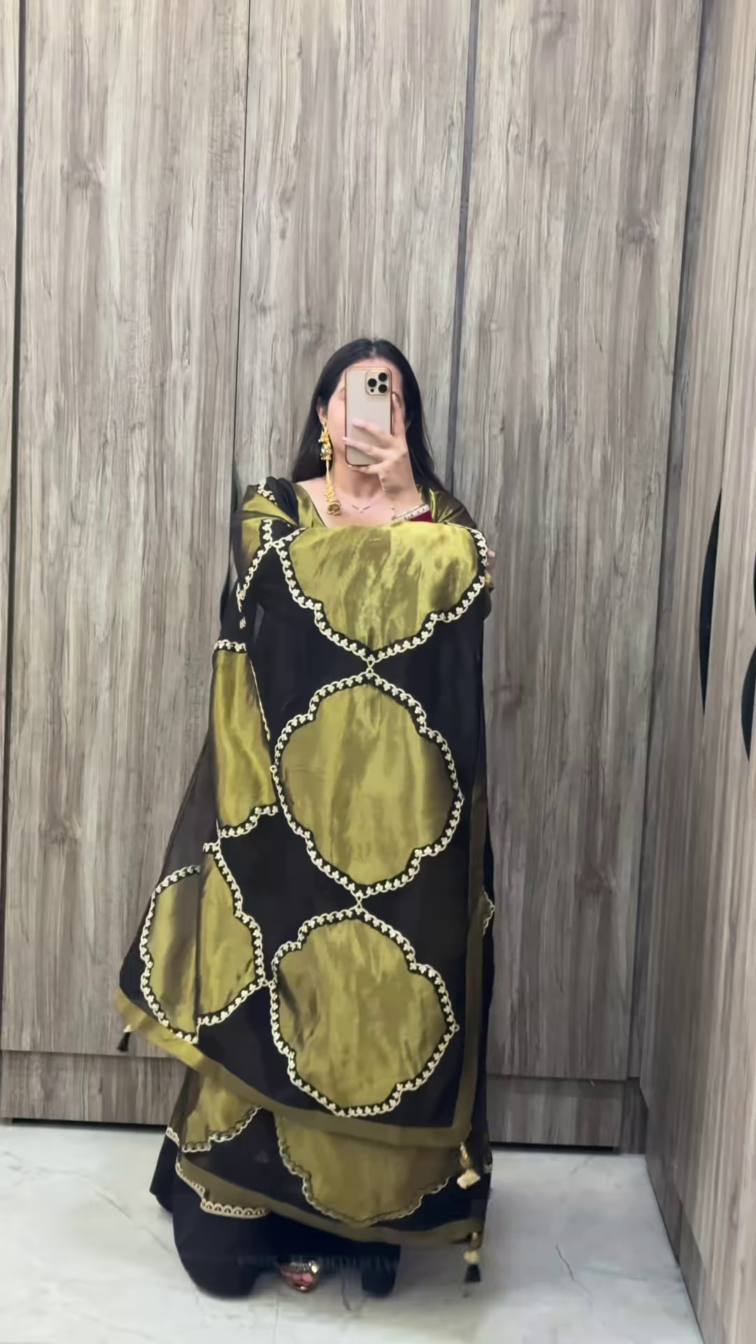 Olive Green Silk Gharara Set with Black Scalloped Dupatta - Image 2