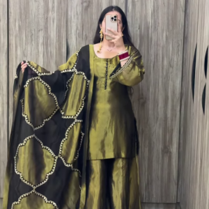 Olive Green Silk Gharara Set with Black Scalloped Dupatta