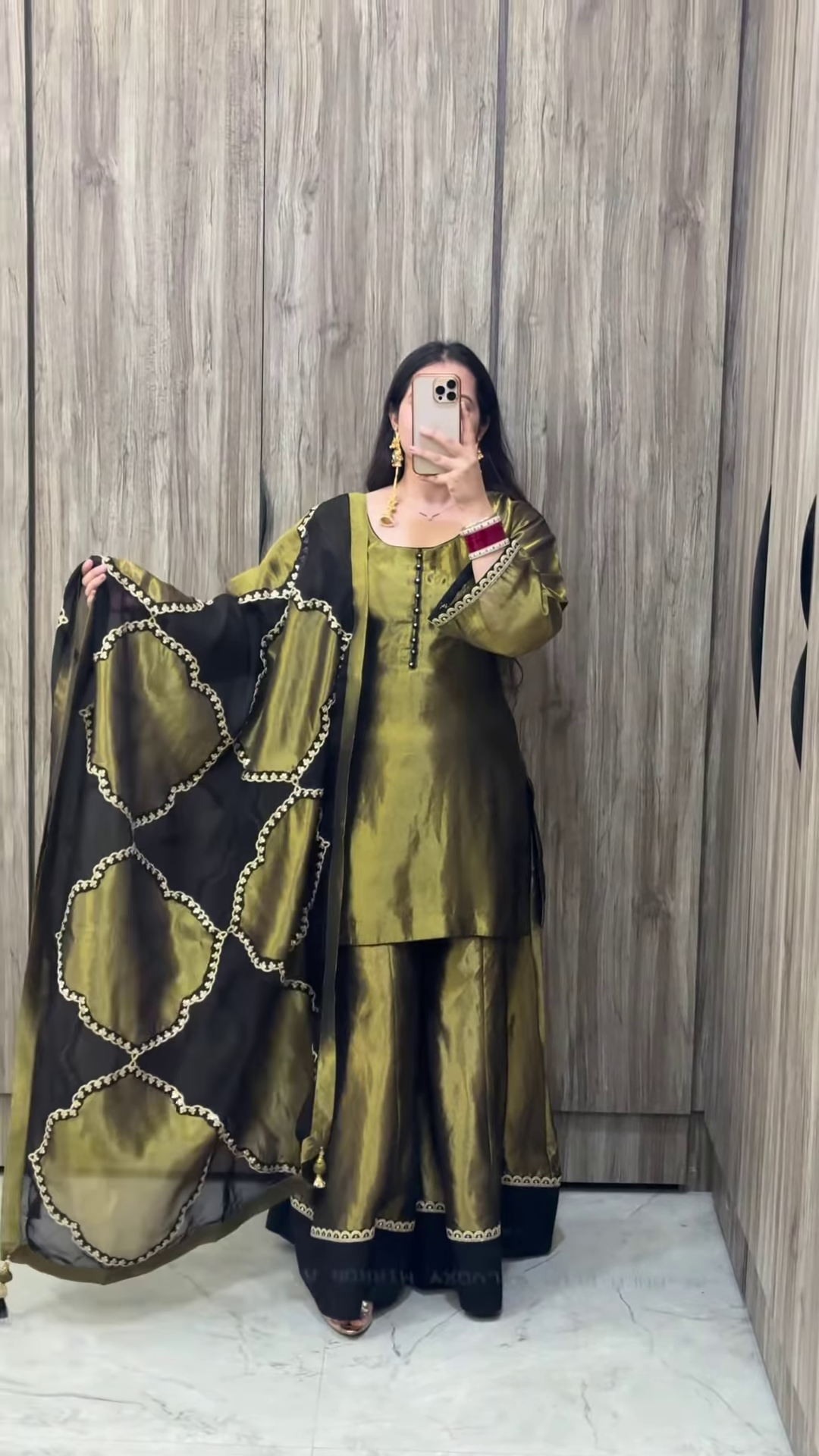 Olive Green Silk Gharara Set with Black Scalloped Dupatta