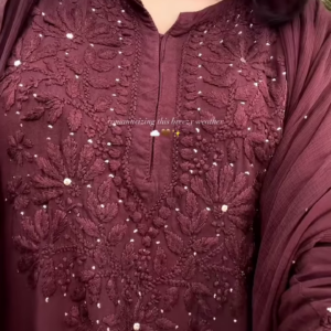 Deep Wine Georgette Suit with Intricate Chikankari-Style Embroidery