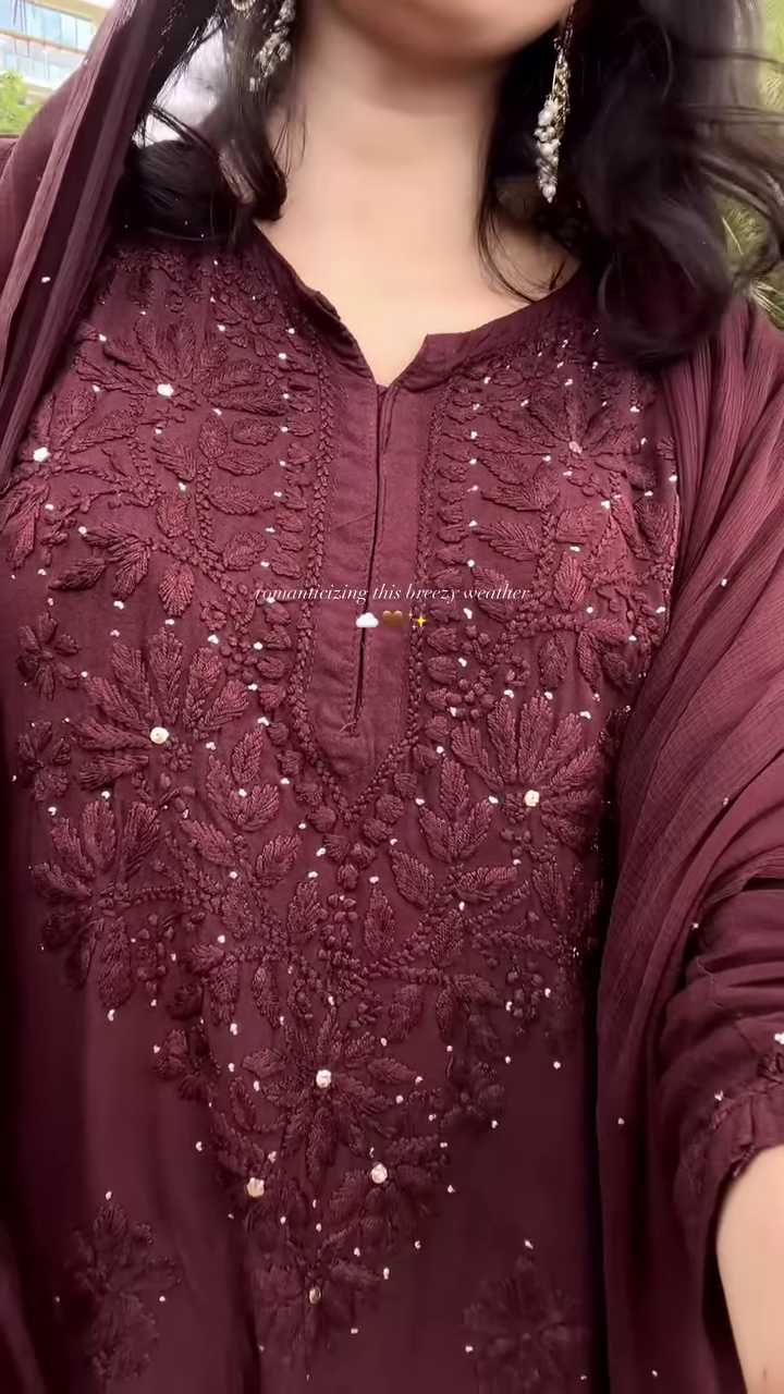Deep Wine Georgette Suit with Intricate Chikankari-Style Embroidery