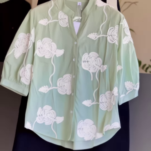 Mint Green Cotton-Blend Tunic with White Floral Appliques