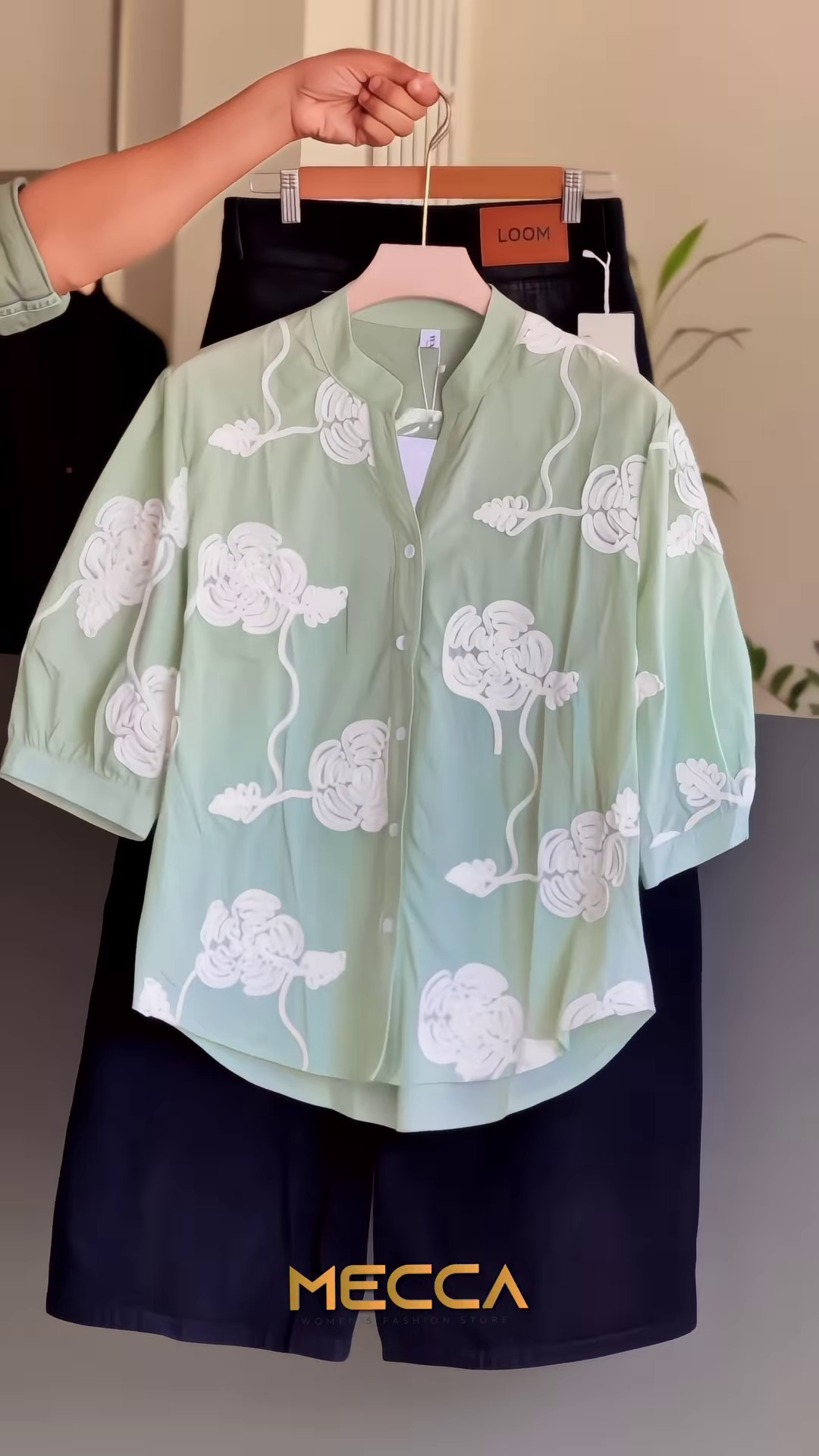 Mint Green Cotton-Blend Tunic with White Floral Appliques
