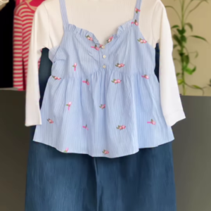 Blue Striped Cami and White Long-Sleeve Layered Set