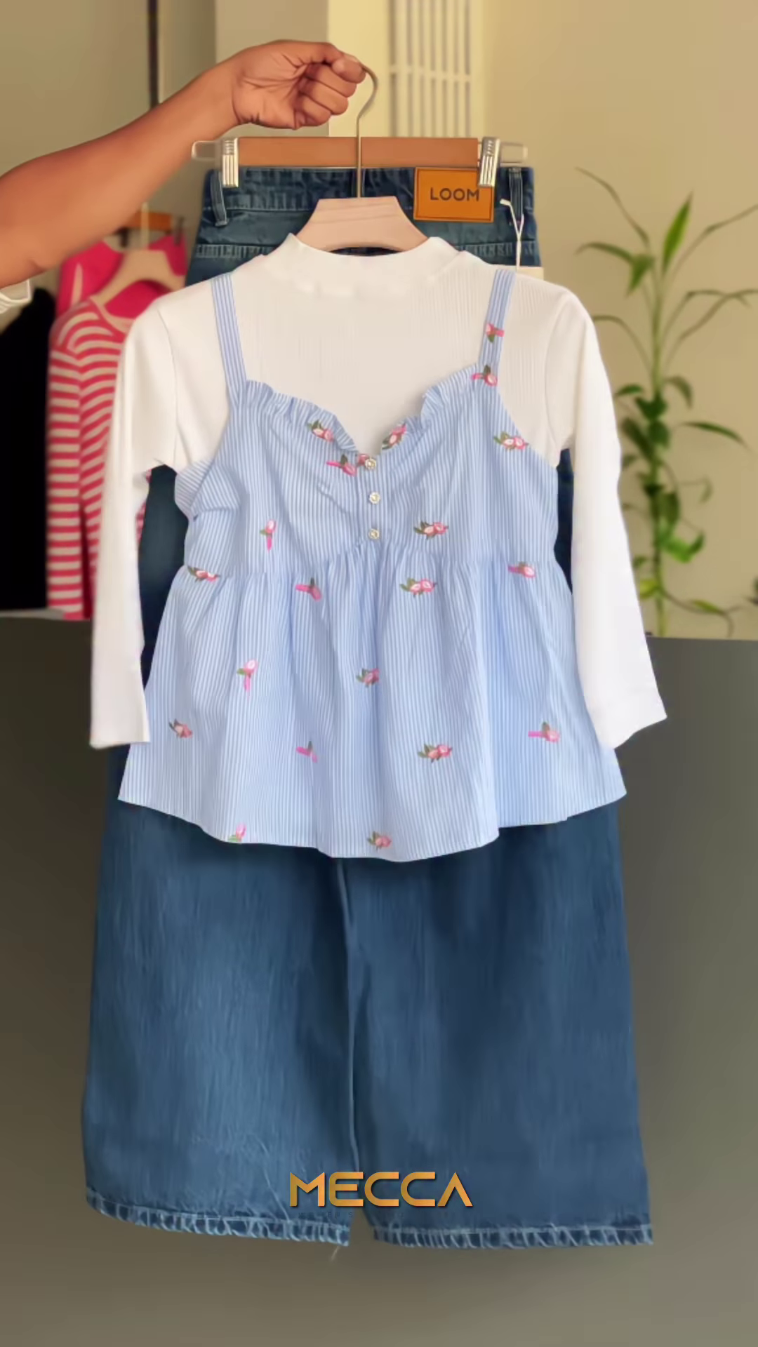 Blue Striped Cami and White Long-Sleeve Layered Set