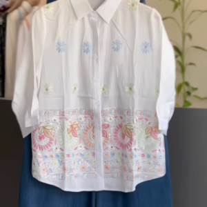 White Cotton Shirt with Multi-Colored Floral Embroidery and Sequin Accents
