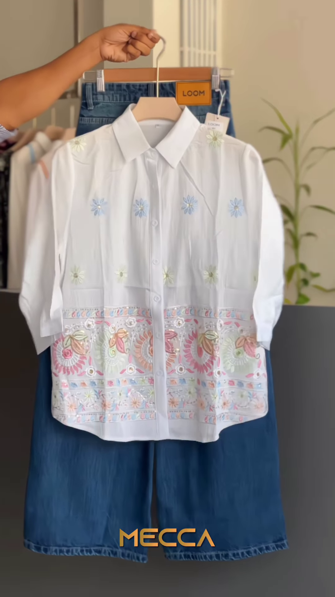 White Cotton Shirt with Multi-Colored Floral Embroidery and Sequin Accents