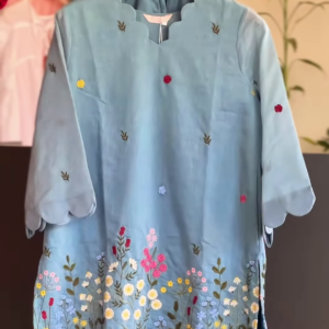 Pastel Blue Tunic with Wildflower Field Embroidery and Scalloped Hem