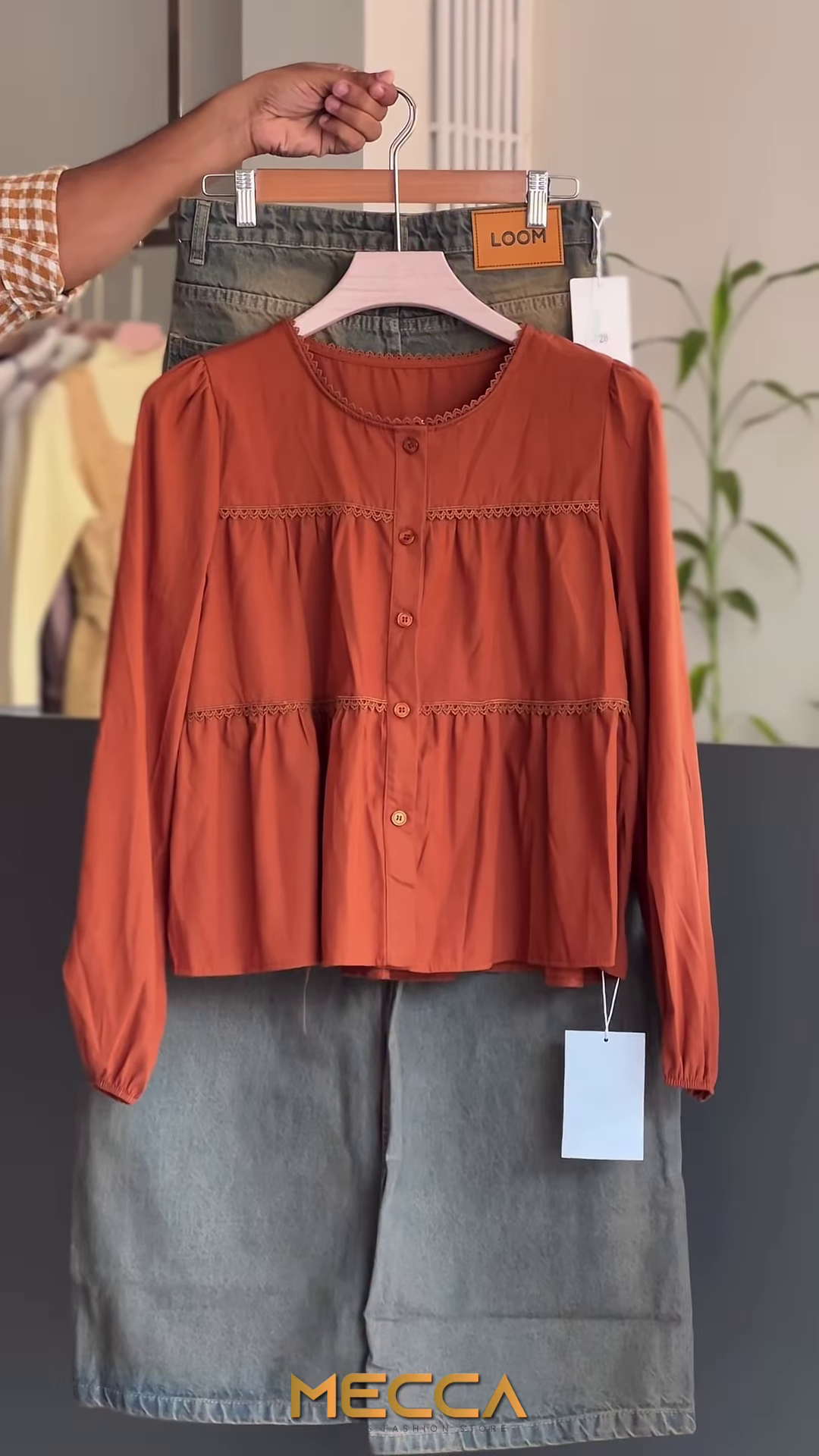 Terracotta Tiered Tunic with Intricate Lace Insertions