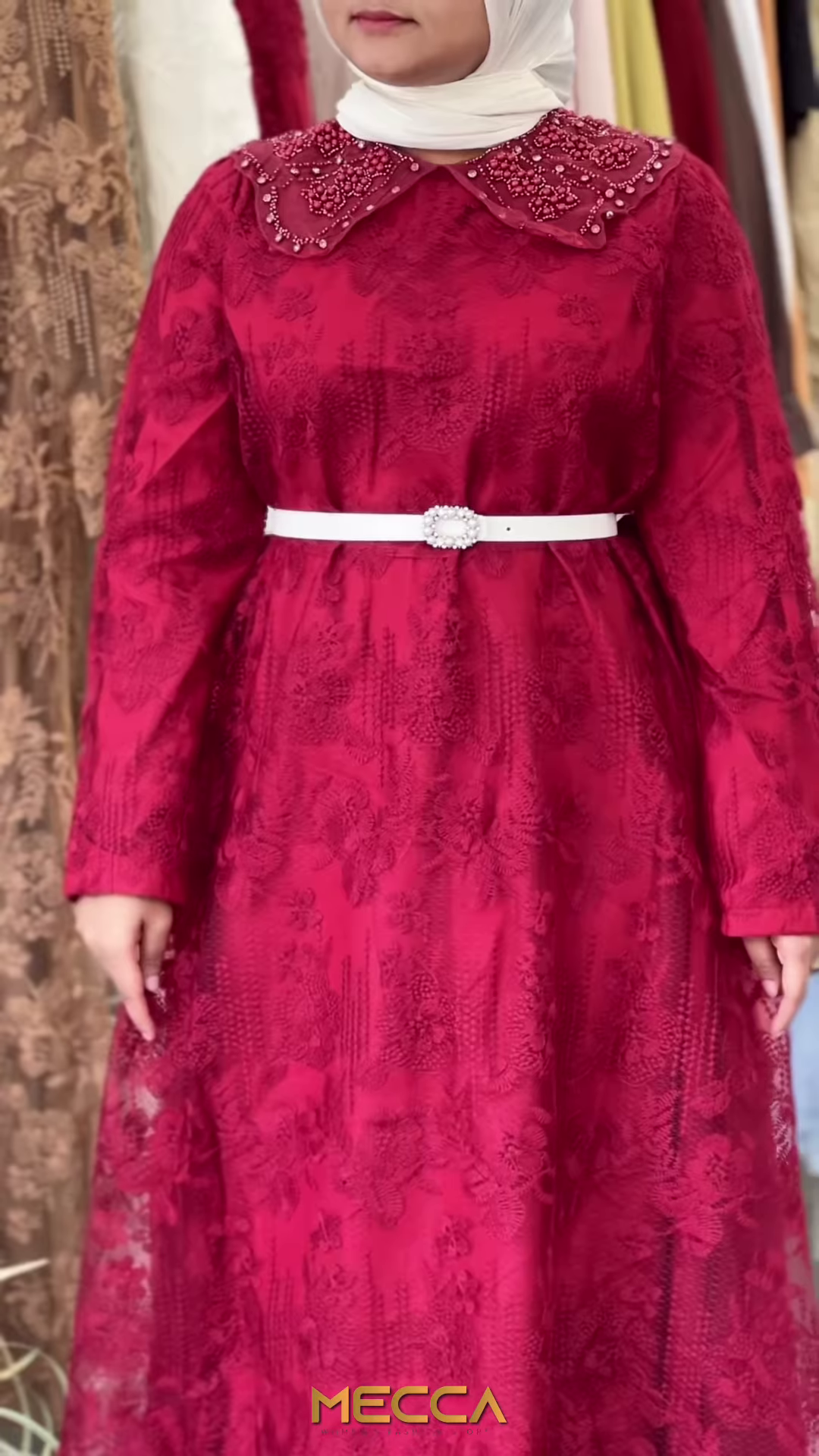 Tan Floral Lace Maxi Gown with Embellished Peter Pan Collar